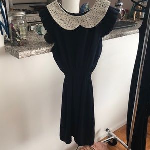 Navy blue dress with white lace peter pan collar